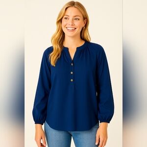 Lilly Pulitzer XS Navy 100% Silk Blouse Long Sleeve Ruched‎ Neck Side Slits...